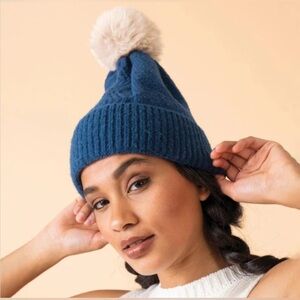 Powder UK Ingrid Bobble Hat in Navy & Mist (taupe) pom-pom on top-NWT